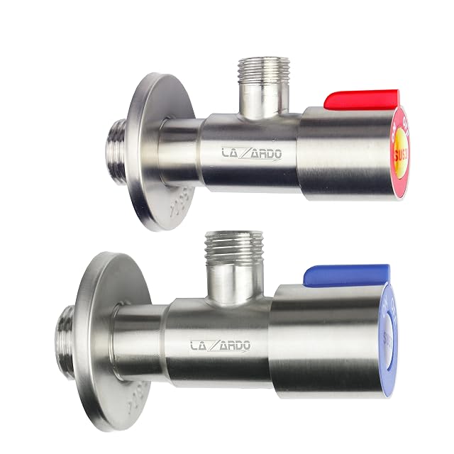Lazardo pair of stainless steel angle valves with red and blue handles