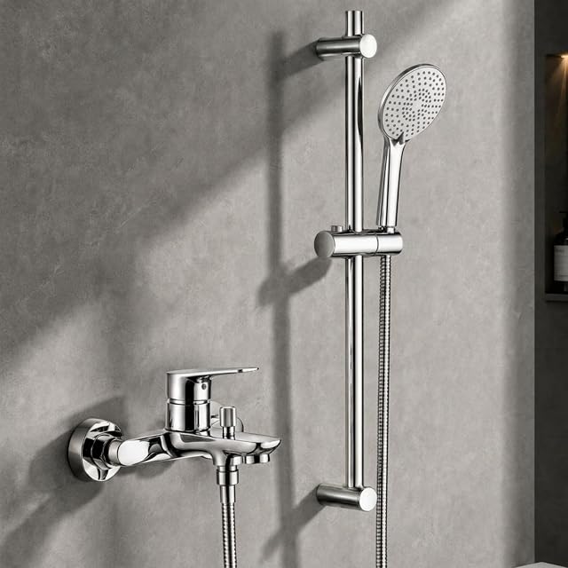 Auralum chrome bath mixer set with a shower rail and hand shower