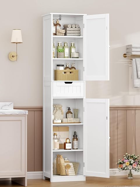 TEENFON white tall narrow bathroom cabinet with two doors and a drawer