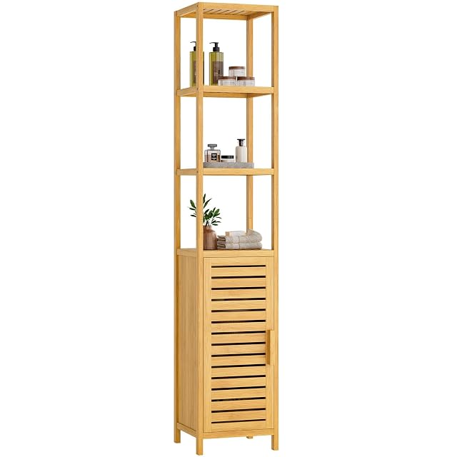 VIAGDO tall solid bamboo bathroom storage column with louvred doors