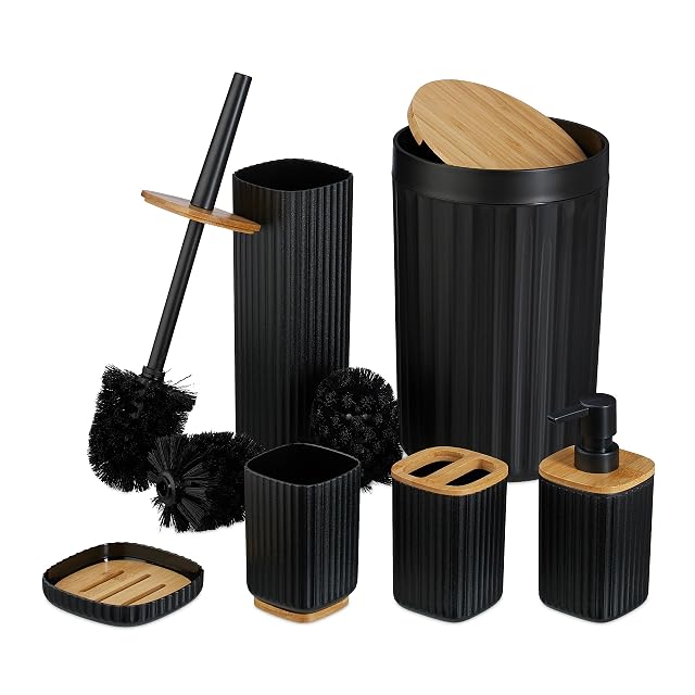 Relaxdays black ribbed plastic and bamboo six-piece bathroom set