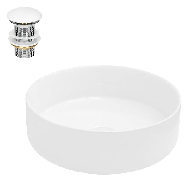 LuxeBath round white ceramic countertop basin with a pop-up waste