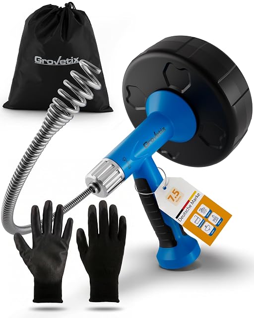 GROVETIX 7.5 metre drain auger with hex drill adapter and gloves