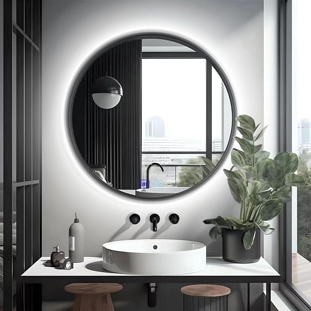 Save LOFT round LED bathroom mirror with a black frame