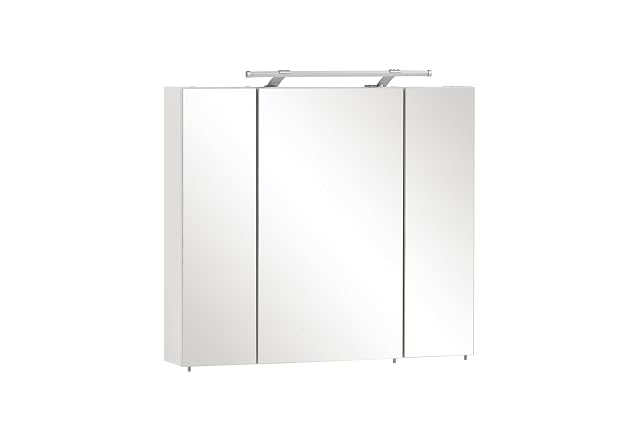 Schildmeyer white bathroom mirror cabinet with three doors and glass shelves