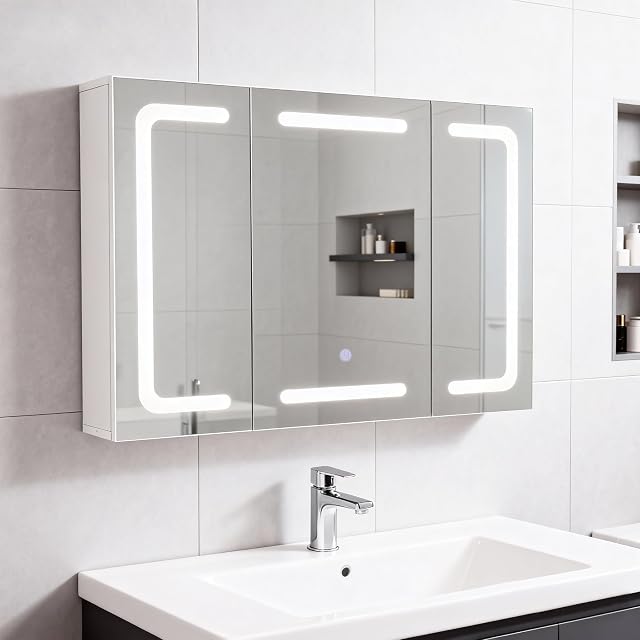 Thanaddo white bathroom mirror cabinet with LED lighting and three doors