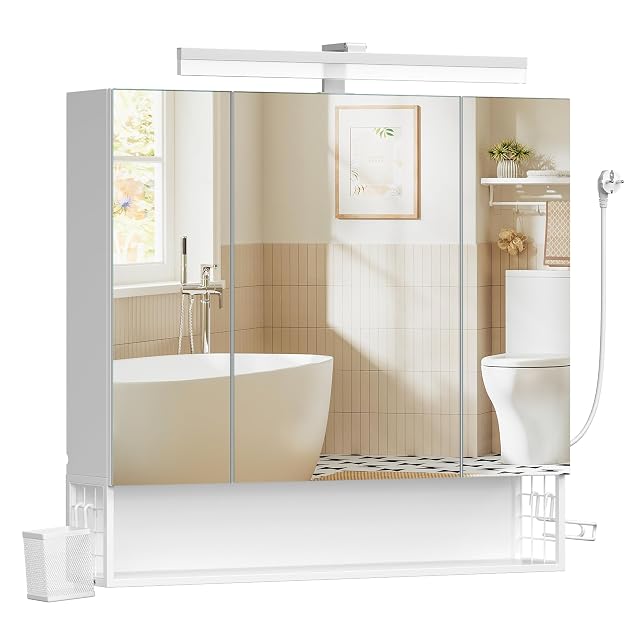 VASAGLE white bathroom mirror cabinet with three doors and a light strip