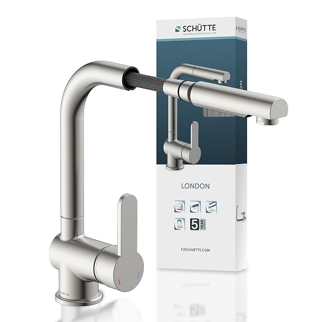 Schütte LONDON pull-out kitchen mixer in stainless steel finish