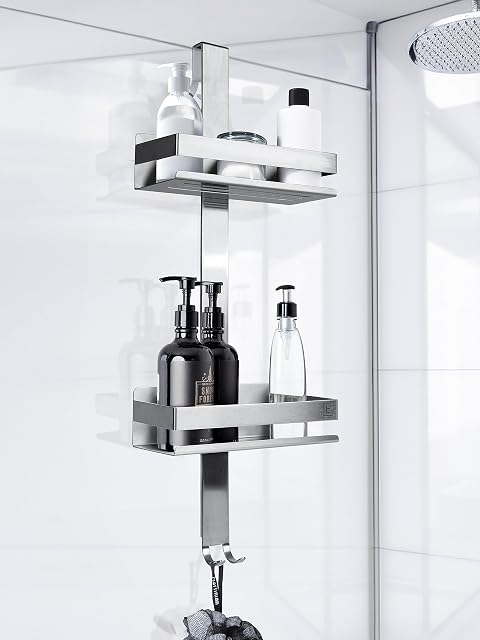 Benkstein stainless steel hanging shower shelf with two baskets