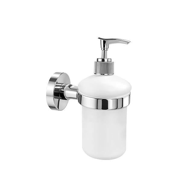 OlBuWa wall-mounted frosted glass soap dispenser in a stainless bracket