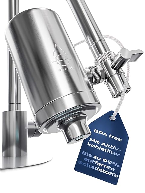 VILTARO stainless steel tap-mounted water filter with a diverter lever