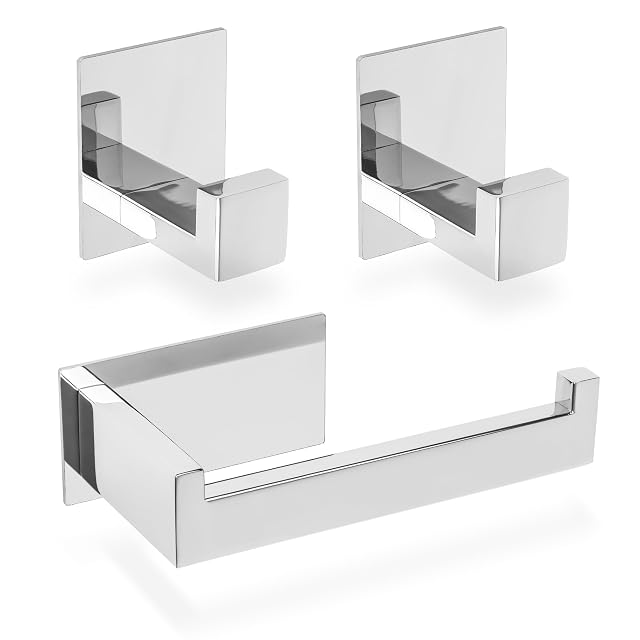 ECENCE chrome square toilet roll holder with two towel hooks