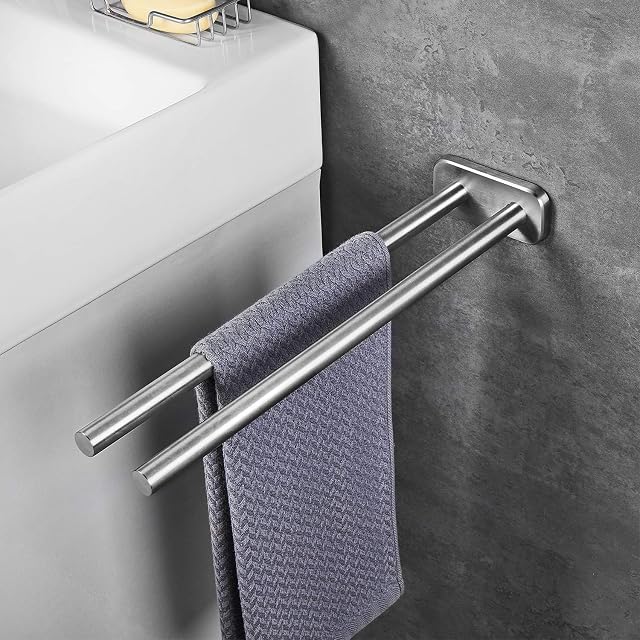 JS brushed stainless steel twin-arm towel rail, 40 cm